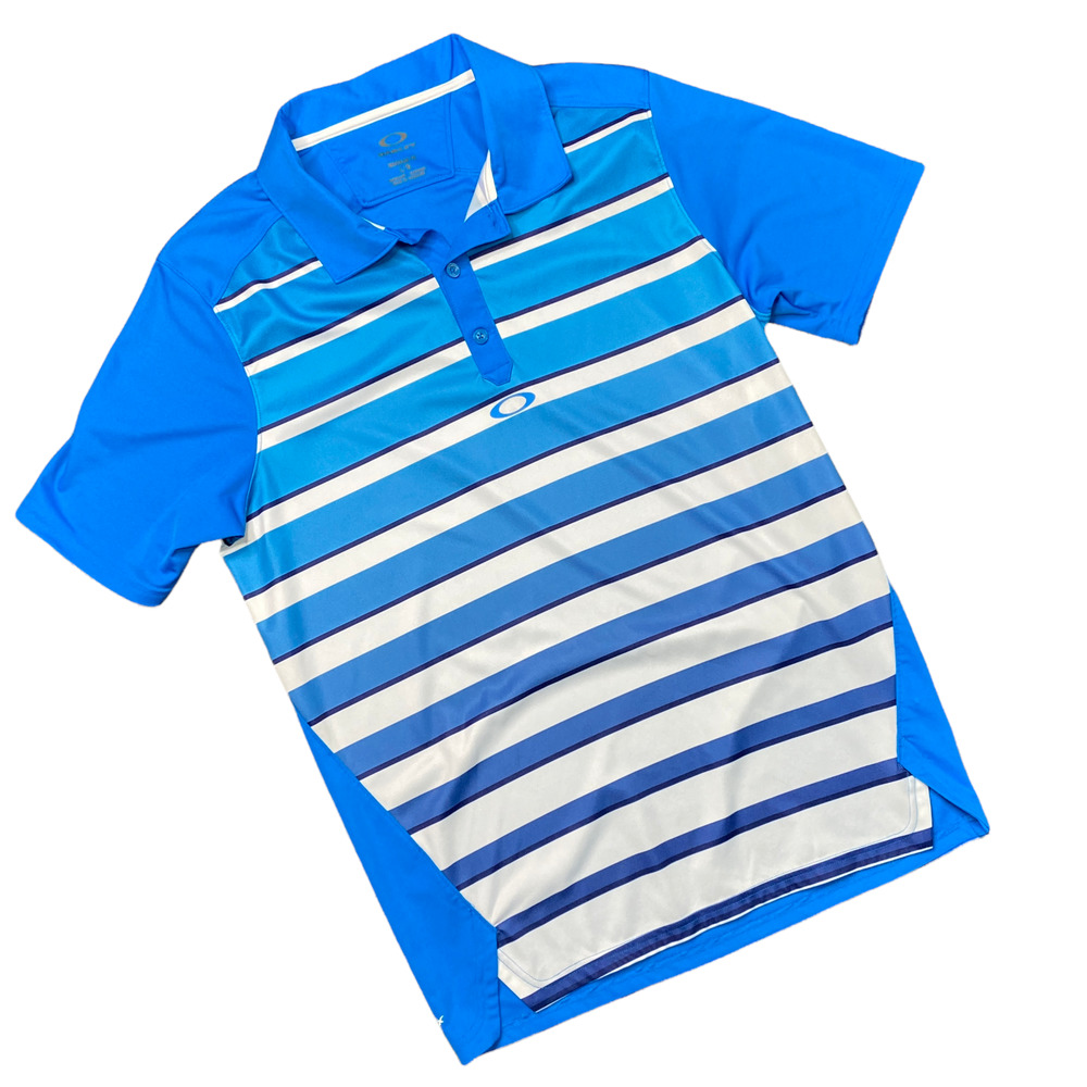 OAKLEY | sz L Men's Blue Stripe Logo Short Sleeve Hydrolix Premium Golf Polo